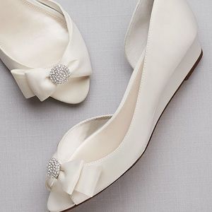 Bow-Embellished Satin D'Orsay Wedges wedding shoes